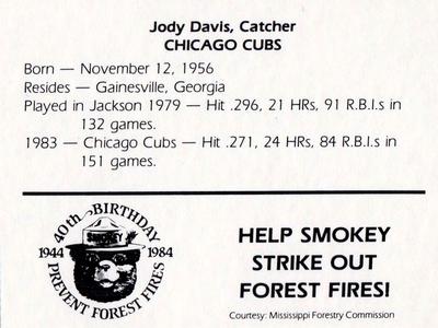 1984 Jackson Mets in Majors Smokey #NNO Jody Davis Back