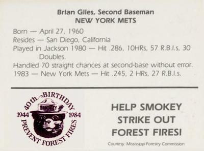 1984 Jackson Mets in Majors Smokey #NNO Brian Giles Back