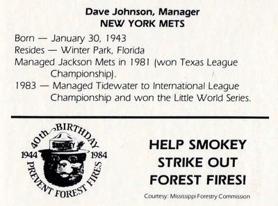 1984 Jackson Mets in Majors Smokey #NNO Dave Johnson Back