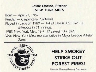 1984 Jackson Mets in Majors Smokey #NNO Jesse Orosco Back