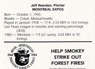 1984 Jackson Mets in Majors Smokey #NNO Jeff Reardon Back