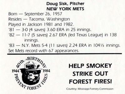 1984 Jackson Mets in Majors Smokey #NNO Doug Sisk Back