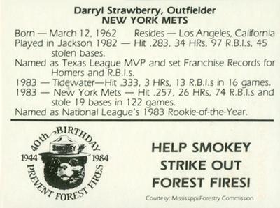 1984 Jackson Mets in Majors Smokey #NNO Darryl Strawberry Back