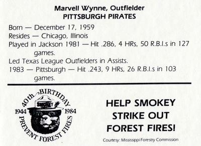 1984 Jackson Mets in Majors Smokey #NNO Marvell Wynne Back