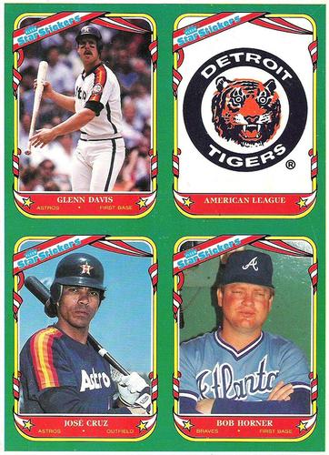 1987 Fleer Star Stickers - Wax Box Bottom Panels #S-1 / S-4 / S-5 / S-7 Glenn Davis / Detroit Tigers Logo / Jose Cruz / Bob Horner Front