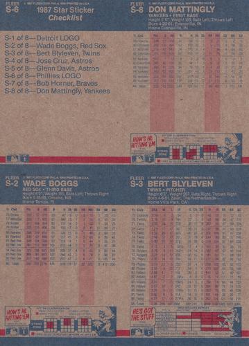 1987 Fleer Star Stickers - Wax Box Bottom Panels #S-2 / S-3 / S-6 / S-8 Don Mattingly / Philadelphia Phillies Logo / Bert Blyleven / Wade Boggs Back