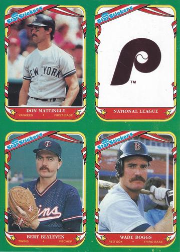 1987 Fleer Star Stickers - Wax Box Bottom Panels #S-2 / S-3 / S-6 / S-8 Don Mattingly / Philadelphia Phillies Logo / Bert Blyleven / Wade Boggs Front