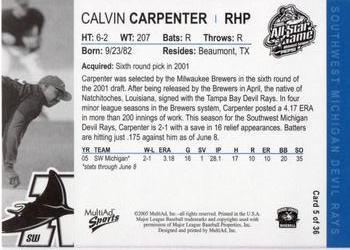2005 MultiAd Midwest League All-Stars Eastern Division #5 Calvin Carpenter Back