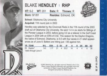 2005 MultiAd Midwest League All-Stars Eastern Division #14 Blake Hendley Back