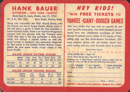 1953 Stahl-Meyer Franks #NNO Hank Bauer Back