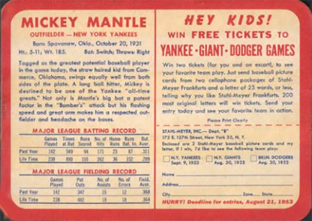 1953 Stahl-Meyer Franks #NNO Mickey Mantle Back