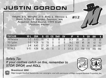 2002 Grandstand High Desert Mavericks Fire Safety Promotion #NNO Justin Gordon Back
