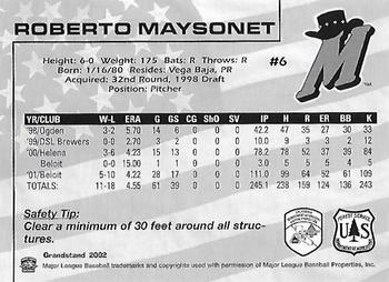 2002 Grandstand High Desert Mavericks Fire Safety Promotion #NNO Roberto Maysonet Back