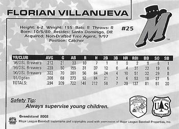 2002 Grandstand High Desert Mavericks Fire Safety Promotion #NNO Florian Villanueva Back