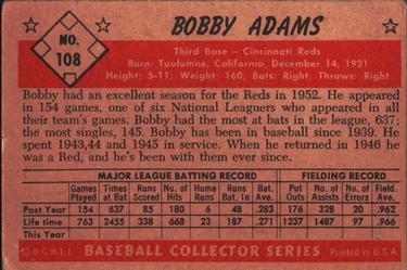 1953 Bowman Color #108 Bobby Adams Back