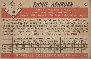 1953 Bowman Color #10 Richie Ashburn Back