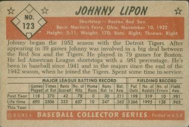 1953 Bowman Color #123 Johnny Lipon Back
