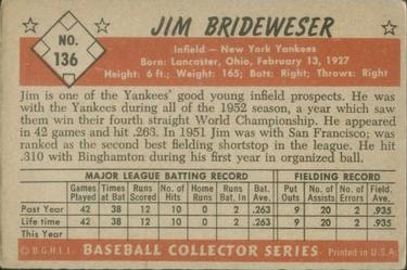 1953 Bowman Color #136 Jim Brideweser Back