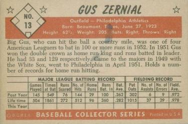 1953 Bowman Color #13 Gus Zernial Back