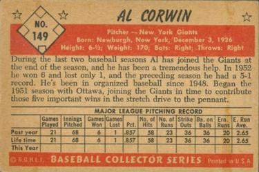 1953 Bowman Color #149 Al Corwin Back