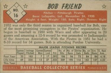 1953 Bowman Color #16 Bob Friend Back