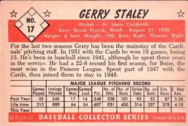 1953 Bowman Color #17 Jerry Staley Back
