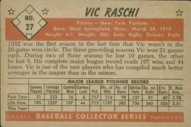 1953 Bowman Color #27 Vic Raschi Back
