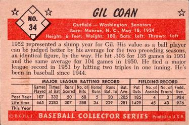 1953 Bowman Color #34 Gil Coan Back