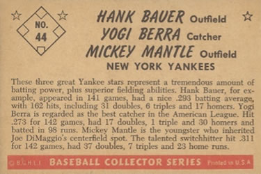 1953 Bowman Color #44 Hank Bauer / Yogi Berra / Mickey Mantle Back