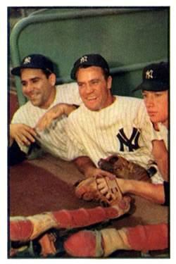 1953 Bowman Color #44 Hank Bauer / Yogi Berra / Mickey Mantle Front