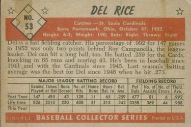 1953 Bowman Color #53 Del Rice Back