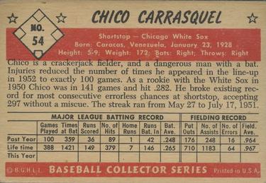 1953 Bowman Color #54 Chico Carrasquel Back