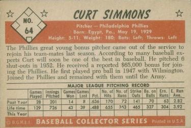 1953 Bowman Color #64 Curt Simmons Back