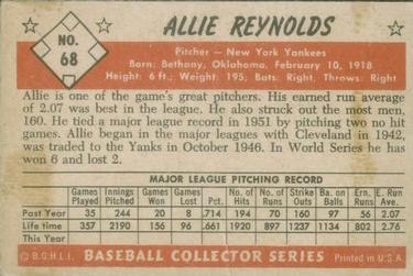 1953 Bowman Color #68 Allie Reynolds Back