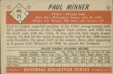 1953 Bowman Color #71 Paul Minner Back