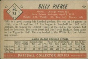 1953 Bowman Color #73 Billy Pierce Back