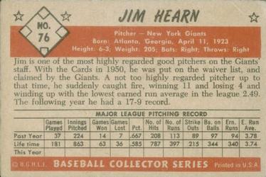 1953 Bowman Color #76 Jim Hearn Back