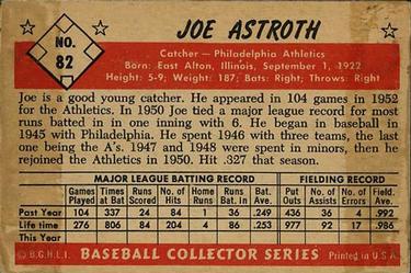 1953 Bowman Color #82 Joe Astroth Back