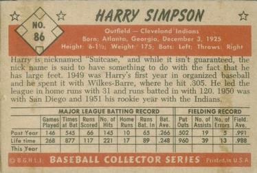 1953 Bowman Color #86 Harry Simpson Back
