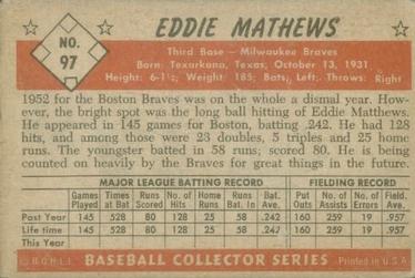 1953 Bowman Color #97 Eddie Mathews Back