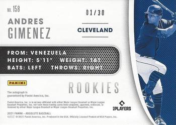 2021 Panini Absolute - Rookie Baseball Material Signatures Light Blue #158 Andres Gimenez Back