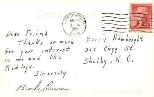 1956 Cincinnati Redlegs Postcards #NNO Brooks Lawrence Back