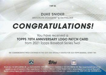 2021 Topps - 70th Anniversary Logo Patch (Series 2) #T70P-DS Duke Snider Back