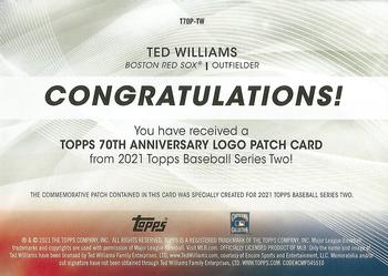 2021 Topps - 70th Anniversary Logo Patch (Series 2) #T70P-TW Ted Williams Back