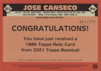 2021 Topps - 1986 Topps Baseball 35th Anniversary Relics Black (Series Two) #86BR-JCA Jose Canseco Back