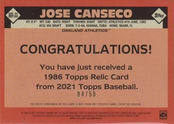 2021 Topps - 1986 Topps Baseball 35th Anniversary Relics Gold (Series Two) #86BR-JCA Jose Canseco Back