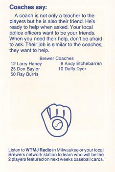 1990 Milwaukee Brewers Police - Grafton Police Department and McDonald's of Grafton #NNO Milwaukee Brewers Coaches Back