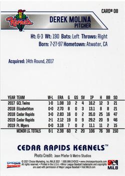2021 Choice Cedar Rapids Kernels #08 Derek Molina Back