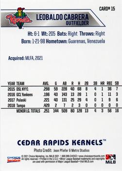 2021 Choice Cedar Rapids Kernels #15 Leobaldo Cabrera Back