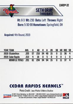 2021 Choice Cedar Rapids Kernels #22 Seth Gray Back